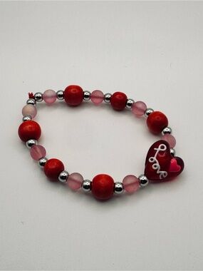 Love Heart Red and Pink Beaded Stretch Bracelet